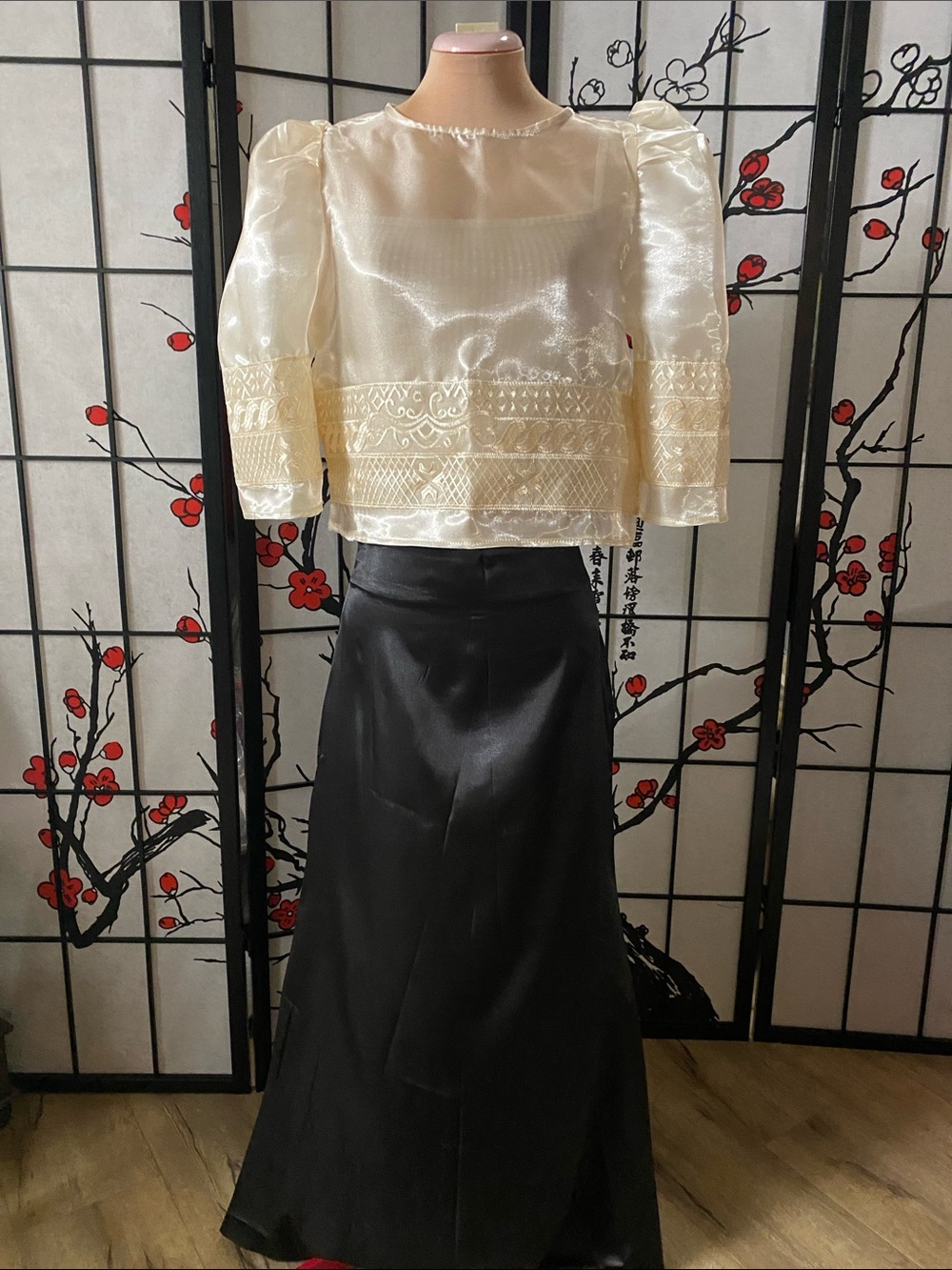 Elegant Filipiniana Mestiza Blouse with Black Satin Maxi Classic Skirt Set